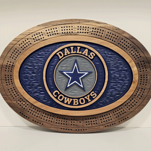 Custom wooden cribbage board with inlaid Dallas Cowboys emblem and blue star