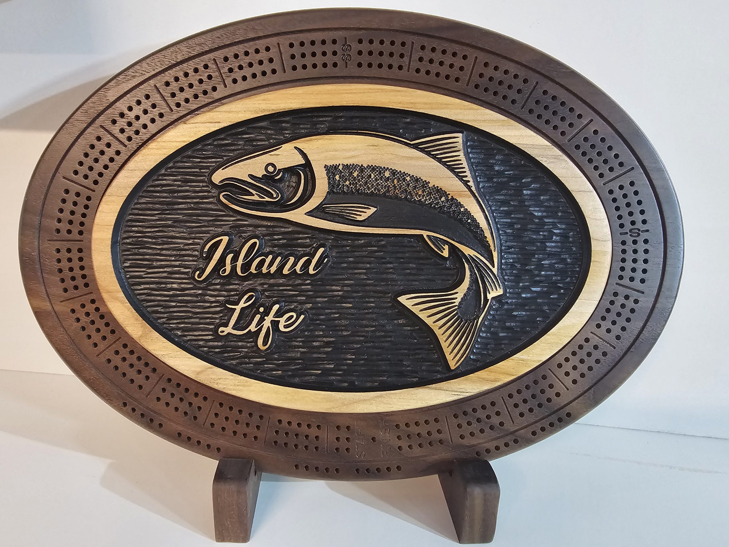 Black Island Life Salmon Cribbage Board